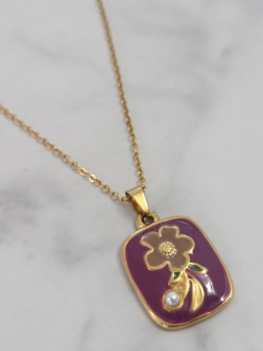 Gold Purple Enamel Flower Pendant Necklace Dainty Pearl Accent Jewelry - Picture 6 of 13